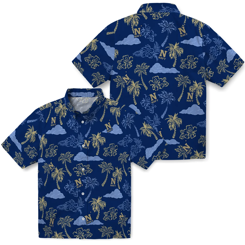 Navy Midshipmen Hawaiian Shirt - Palm And Clouds navy midshipmen palm and clouds blue hawaiian shirts high quality