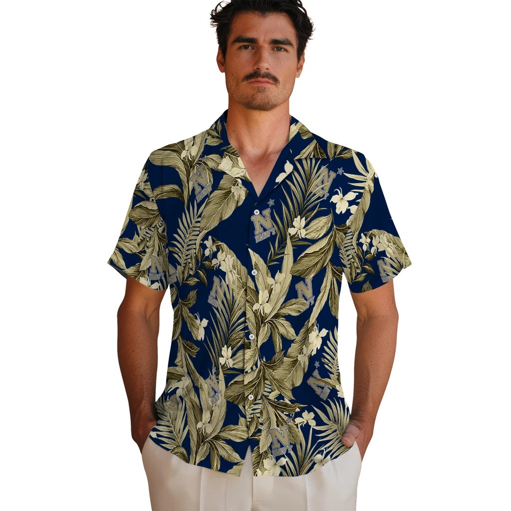 Navy Midshipmen Hawaiian Shirt - Palm Leaves navy midshipmen palm leaves blue hawaiian shirts fashion forward