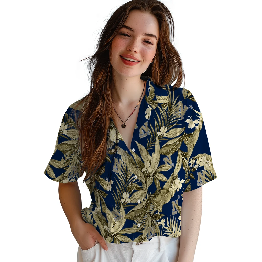 Navy Midshipmen Hawaiian Shirt - Palm Leaves navy midshipmen palm leaves blue hawaiian shirts latest model