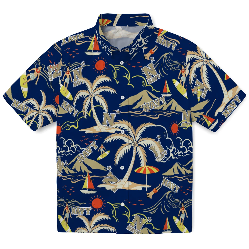 Navy Midshipmen Hawaiian Shirt - Palm Tree Island navy midshipmen palm tree island blue hawaiian shirts best selling