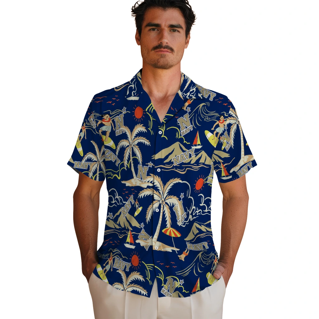 Navy Midshipmen Hawaiian Shirt - Palm Tree Island navy midshipmen palm tree island blue hawaiian shirts fashion forward
