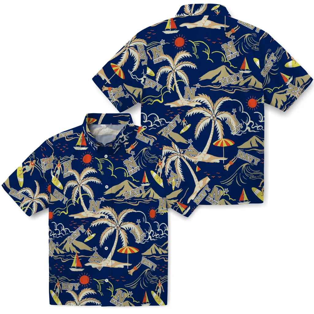 Navy Midshipmen Hawaiian Shirt - Palm Tree Island navy midshipmen palm tree island blue hawaiian shirts high quality