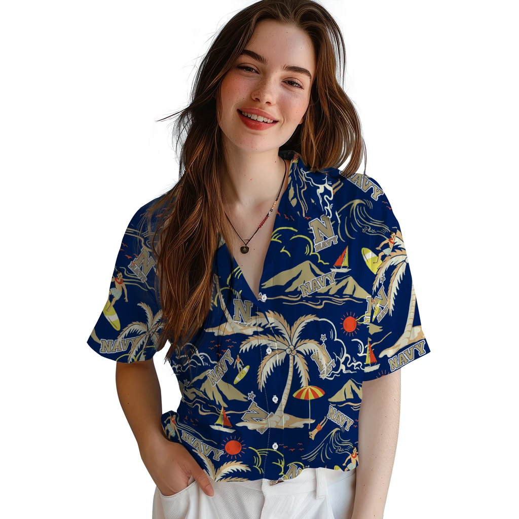 Navy Midshipmen Hawaiian Shirt - Palm Tree Island navy midshipmen palm tree island blue hawaiian shirts latest model