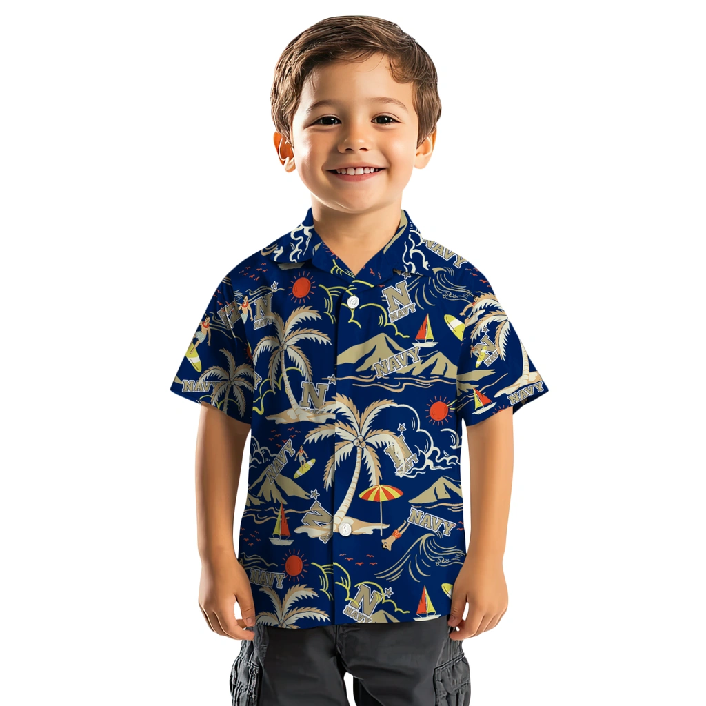 Navy Midshipmen Hawaiian Shirt - Palm Tree Island navy midshipmen palm tree island blue hawaiian shirts top rated