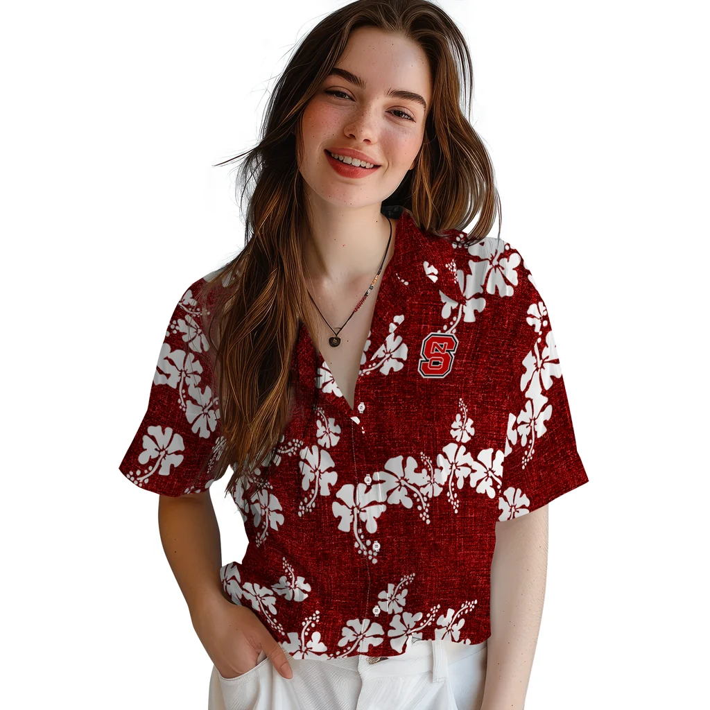 NC State Wolfpack Hawaiian Shirt - 50th State Flower nc state wolfpack hibiscus petals red hawaiian shirts latest model