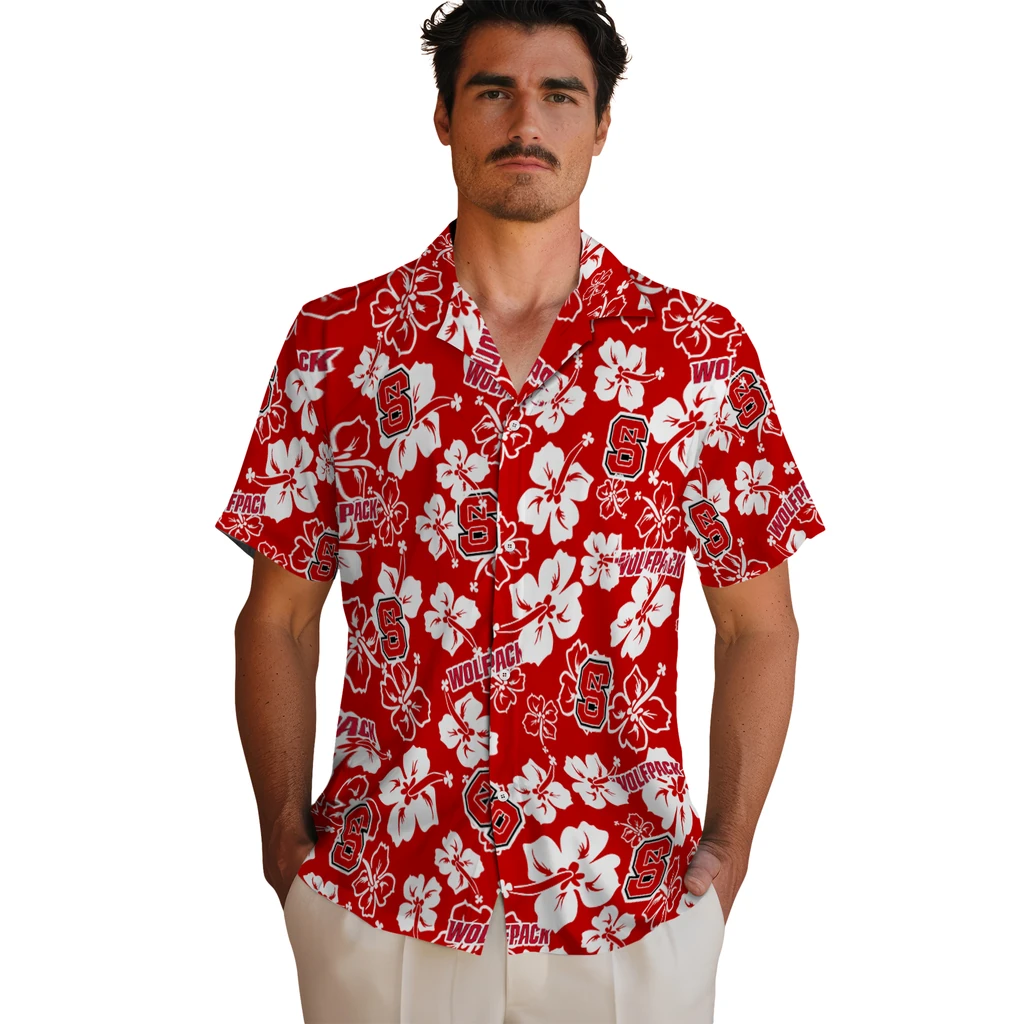 NC State Wolfpack Hawaiian Shirt - Hibiscus Flower Design nc state wolfpack hibiscus bloom red hawaiian shirts fashion forward