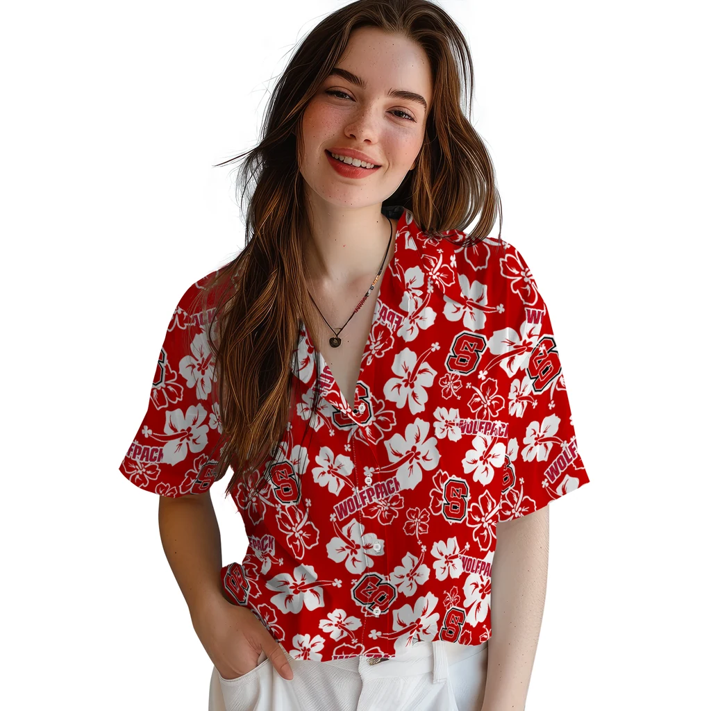 NC State Wolfpack Hawaiian Shirt - Hibiscus Flower Design nc state wolfpack hibiscus bloom red hawaiian shirts latest model