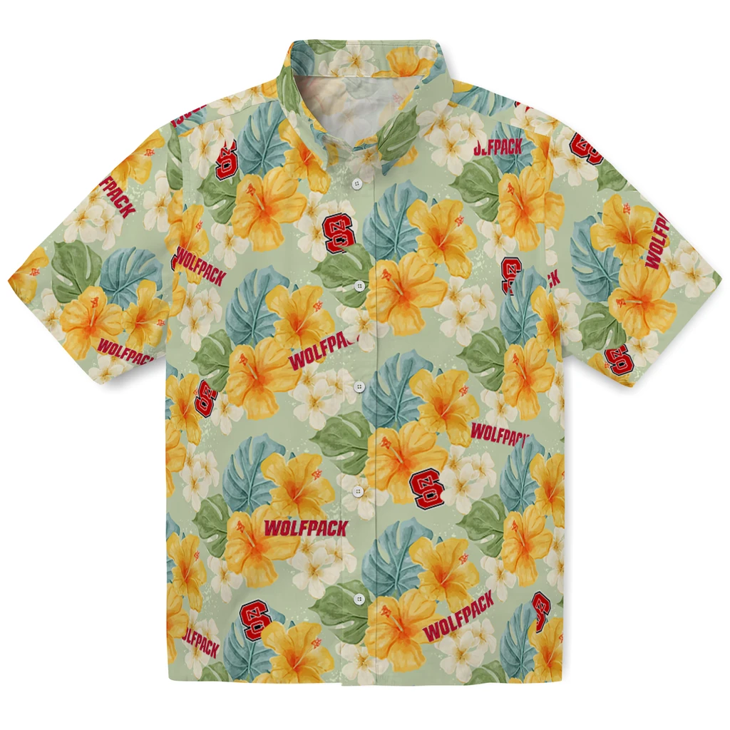NC State Wolfpack Hawaiian Shirt - Hibiscus Mood nc state wolfpack hibiscus mood pale lime yellow hawaiian shirts best selling