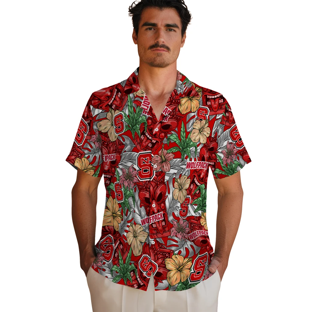 NC State Wolfpack Hawaiian Shirt - Hibiscus Tiki Jungle nc state wolfpack tiki jungle red hawaiian shirts fashion forward