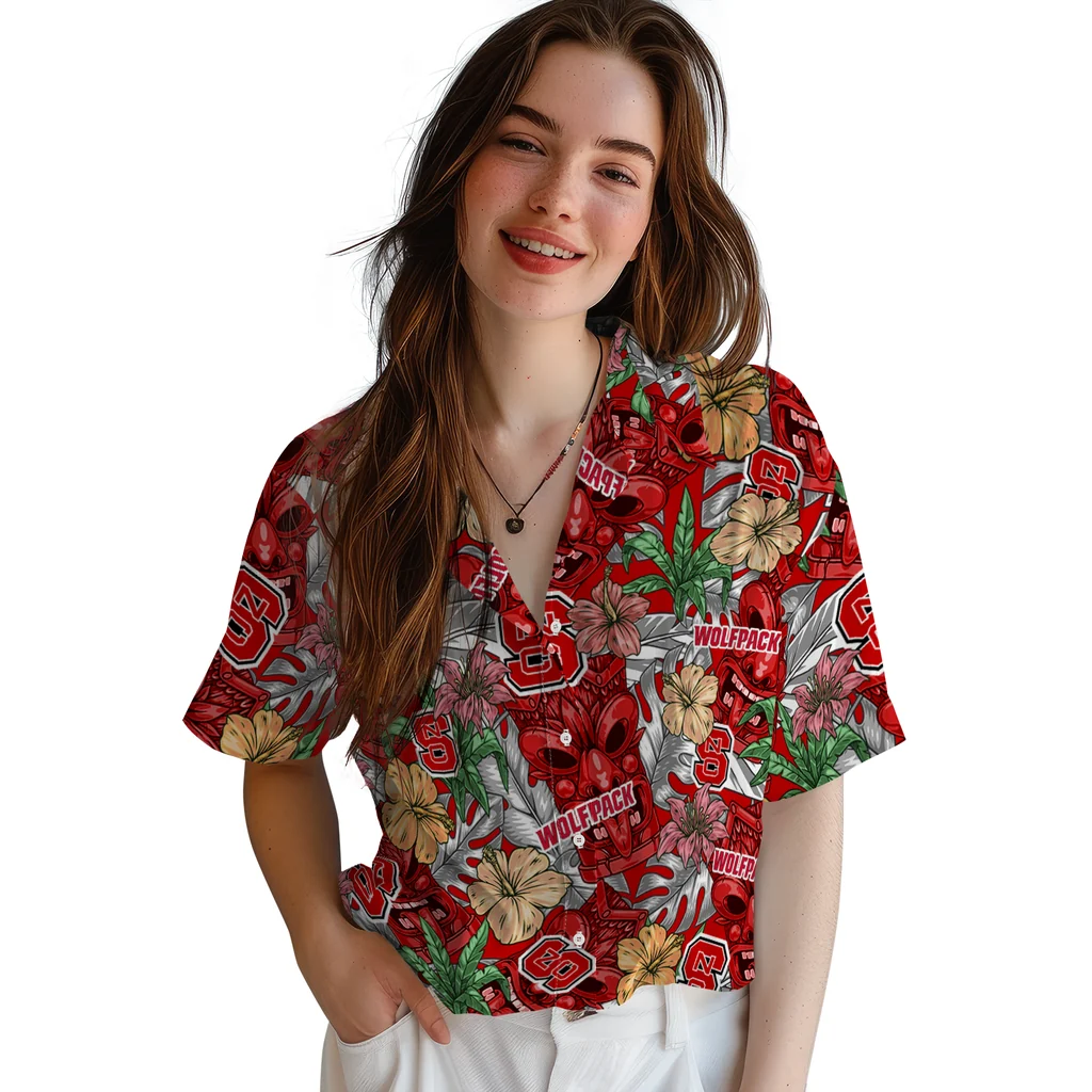 NC State Wolfpack Hawaiian Shirt - Hibiscus Tiki Jungle nc state wolfpack tiki jungle red hawaiian shirts latest model