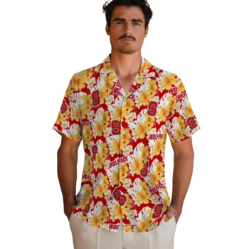 nc state wolfpack hibiscus tropics red yellow hawaiian shirts fashion forward