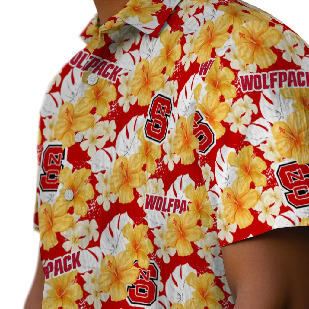 NC State Wolfpack Hawaiian Shirt - Hibiscus Tropics nc state wolfpack hibiscus tropics red yellow hawaiian shirts trendy