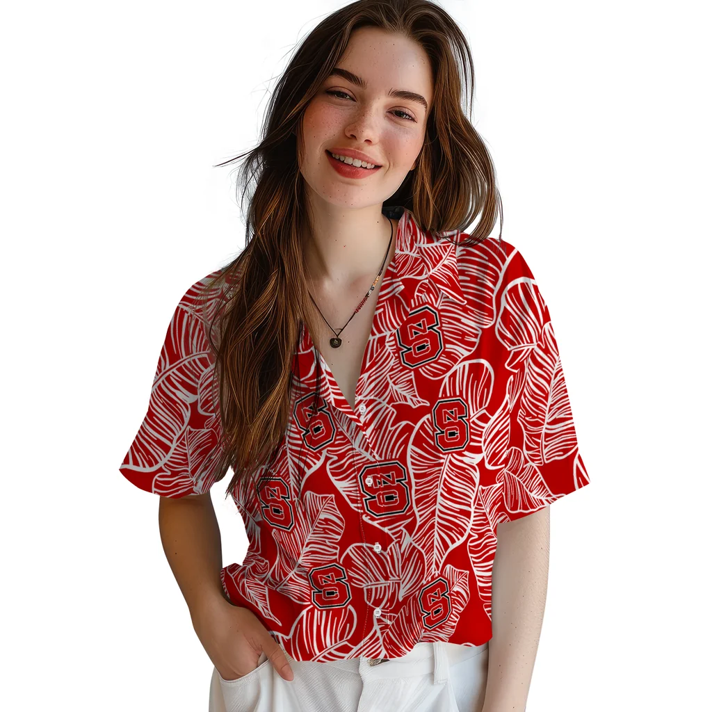 NC State Wolfpack Hawaiian Shirt - Leaf Outline nc state wolfpack leaf outline red hawaiian shirts latest model