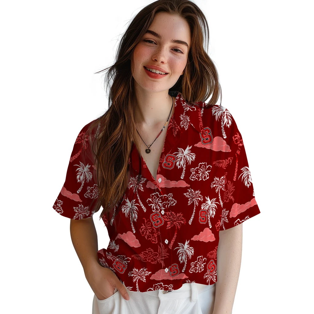 NC State Wolfpack Hawaiian Shirt - Palm And Clouds nc state wolfpack palm and clouds red hawaiian shirts latest model