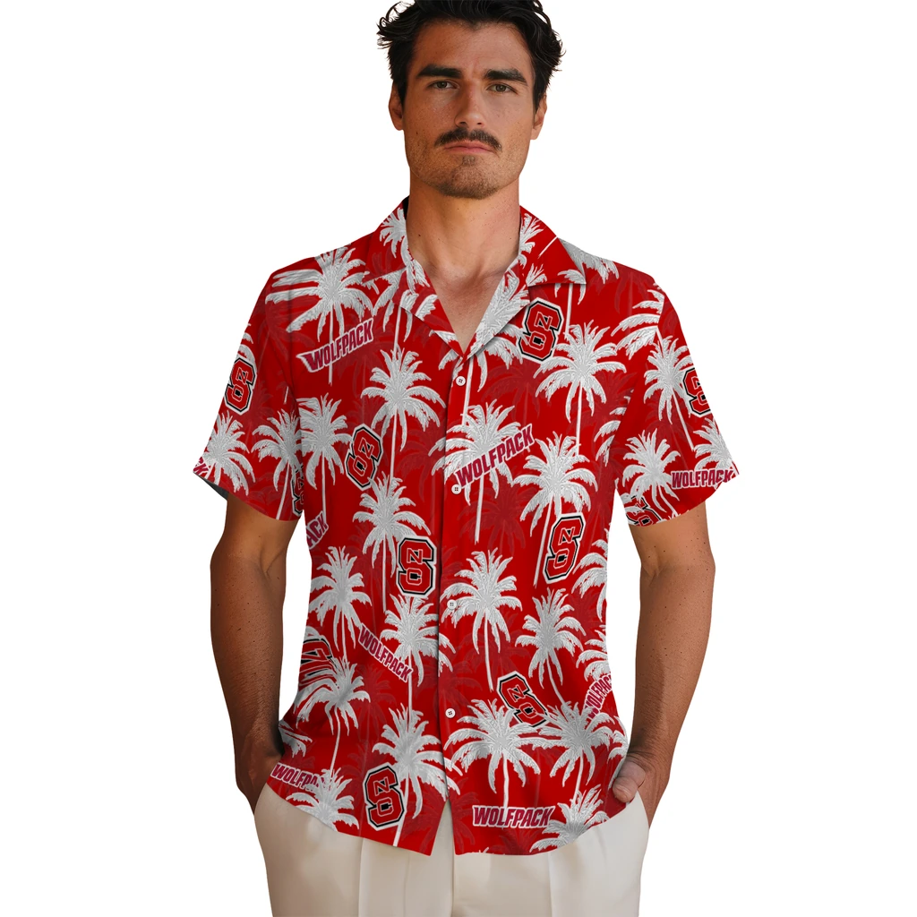 NC State Wolfpack Hawaiian Shirt - Palm Tree Motif nc state wolfpack palm grove red hawaiian shirts fashion forward