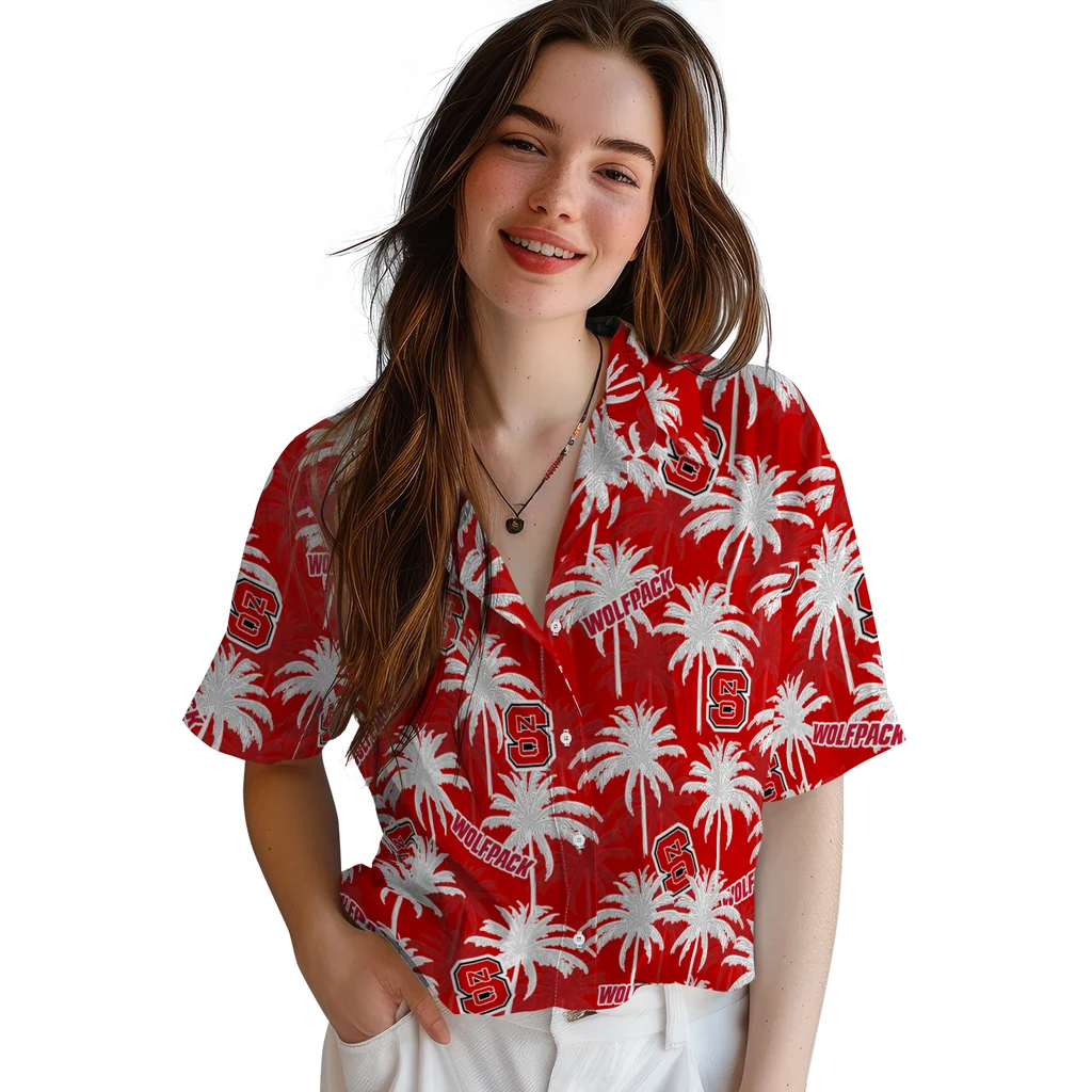 NC State Wolfpack Hawaiian Shirt - Palm Tree Motif nc state wolfpack palm grove red hawaiian shirts latest model