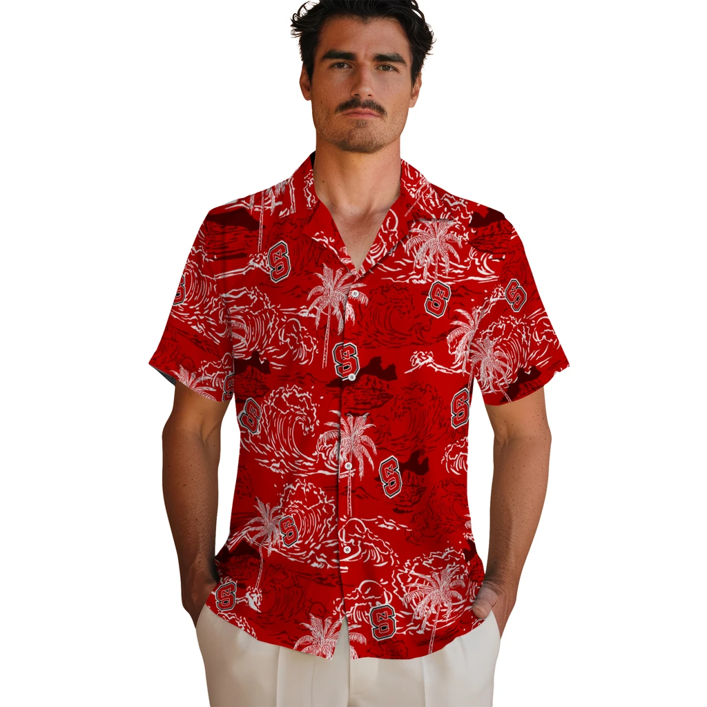 NC State Wolfpack Hawaiian Shirt - Wave Palm nc state wolfpack wave palm red hawaiian shirts fashion forward