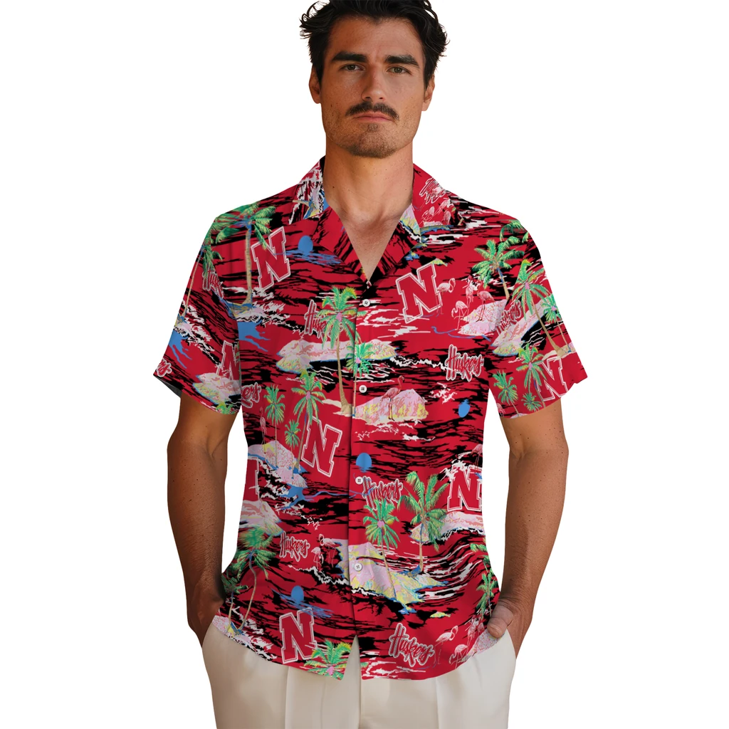 Nebraska Cornhuskers Hawaiian Shirt - Hawaii Island nebraska cornhuskers flamingo retreat red hawaiian shirts fashion forward