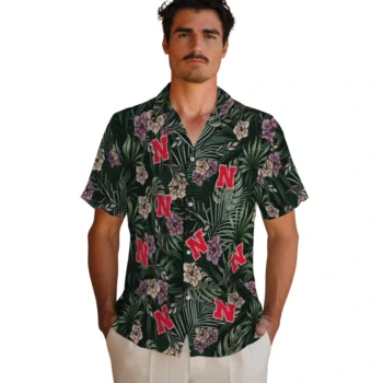 nebraska cornhuskers hibiscus leaves pattern green hawaiian shirts fashion forward