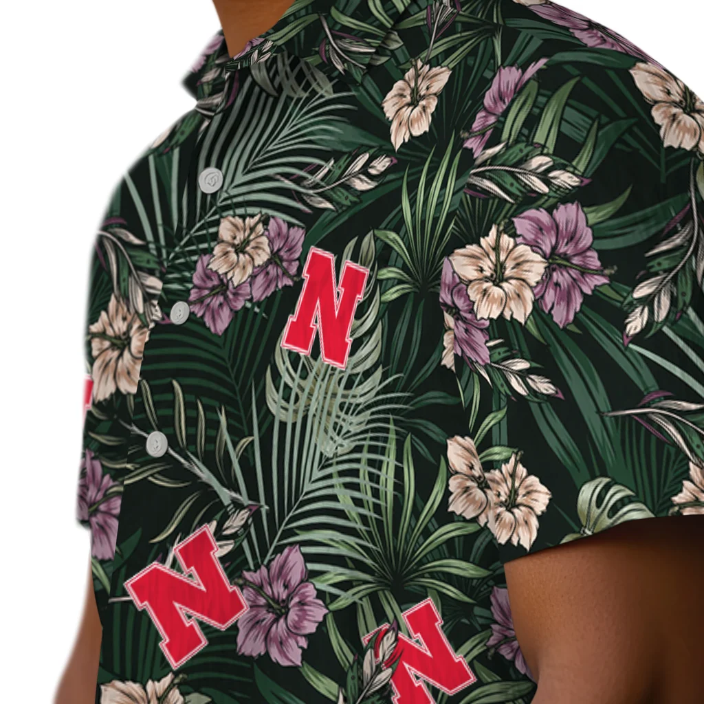 Nebraska Cornhuskers Hawaiian Shirt - Hibiscus Leaves Pattern nebraska cornhuskers hibiscus leaves pattern green hawaiian shirts trendy