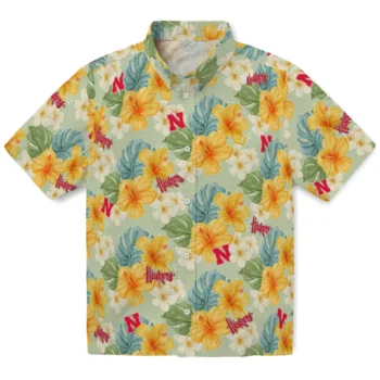 nebraska cornhuskers hibiscus mood pale lime yellow hawaiian shirts best selling