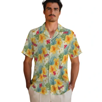 nebraska cornhuskers hibiscus mood pale lime yellow hawaiian shirts fashion forward