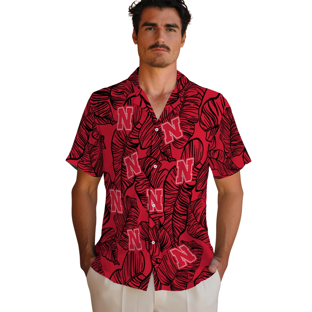 Nebraska Cornhuskers Hawaiian Shirt - Leaf Outline nebraska cornhuskers leaf outline red hawaiian shirts fashion forward
