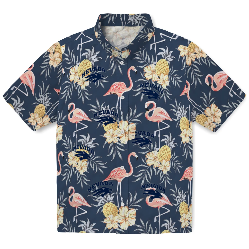 Nevada Wolf Pack Hawaiian Shirt - Flamingo Hibiscus nevada wolf pack flamingo hibiscus navy hawaiian shirts best selling