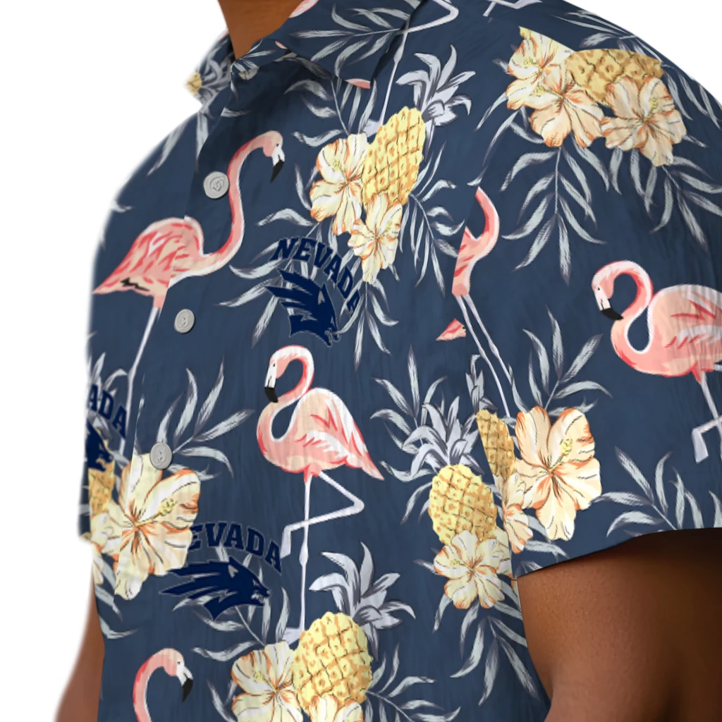 Nevada Wolf Pack Hawaiian Shirt - Flamingo Hibiscus nevada wolf pack flamingo hibiscus navy hawaiian shirts trendy