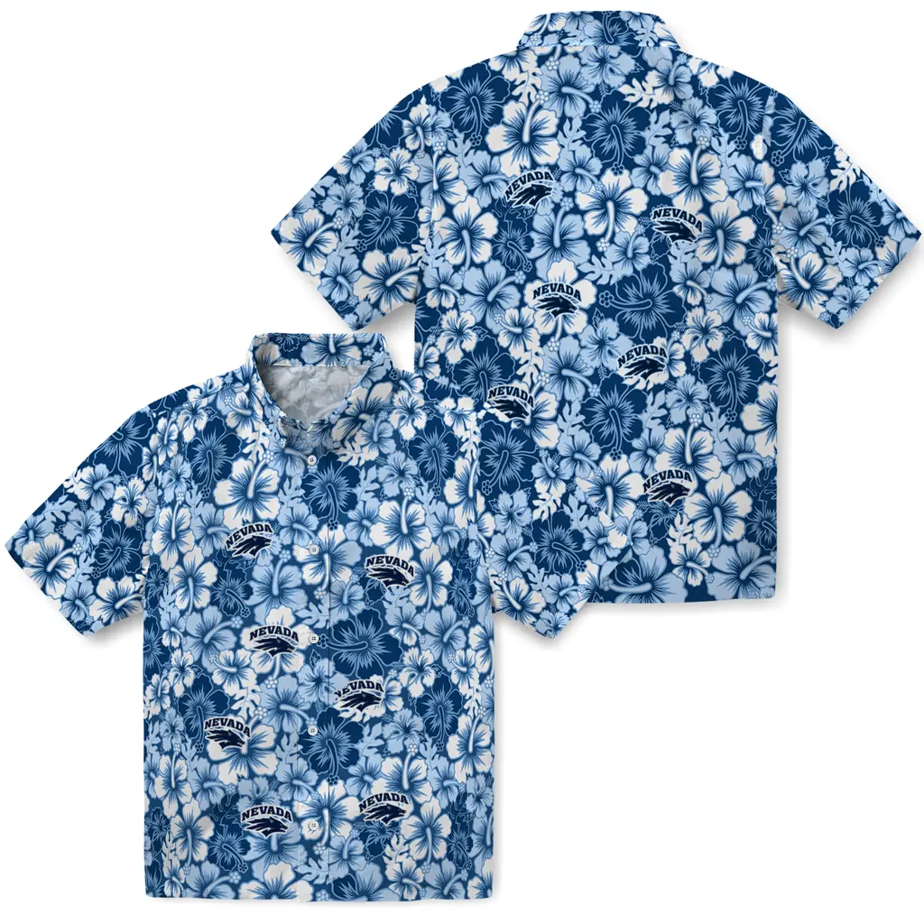 Nevada Wolf Pack Hawaiian Shirt - Hibiscus Blooms nevada wolf pack hibiscus blooms blue hawaiian shirts high quality