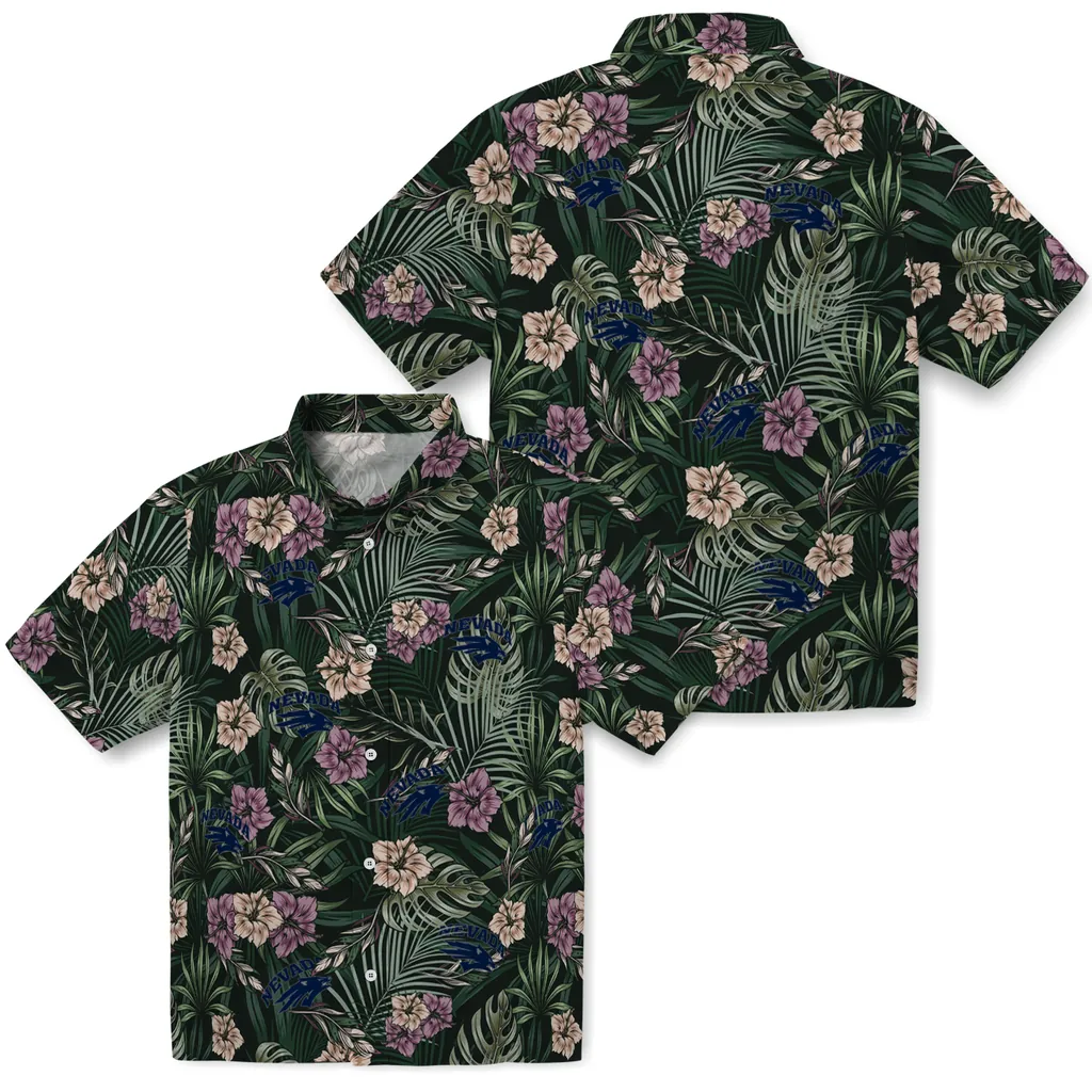 Nevada Wolf Pack Hawaiian Shirt - Hibiscus Leaves Pattern nevada wolf pack hibiscus leaves pattern green hawaiian shirts high quality