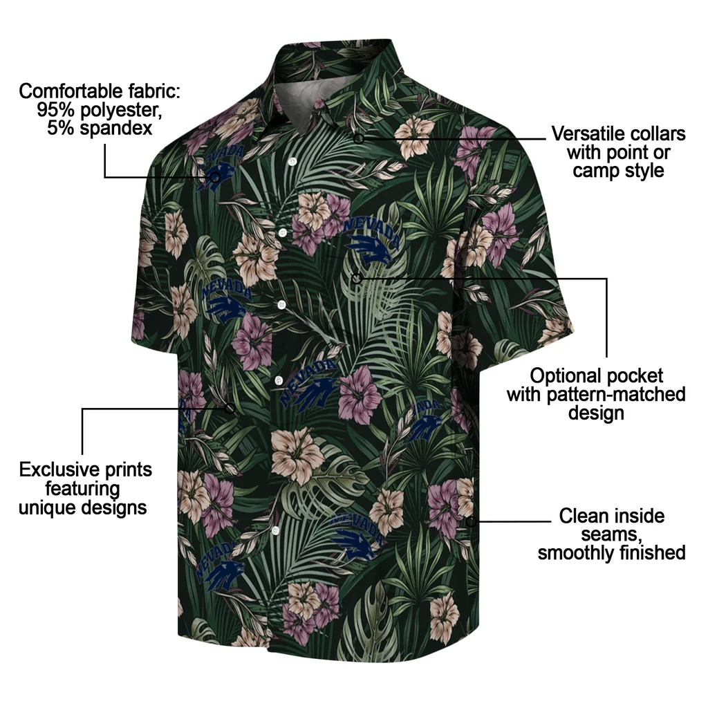 Nevada Wolf Pack Hawaiian Shirt - Hibiscus Leaves Pattern nevada wolf pack hibiscus leaves pattern green hawaiian shirts new arrival