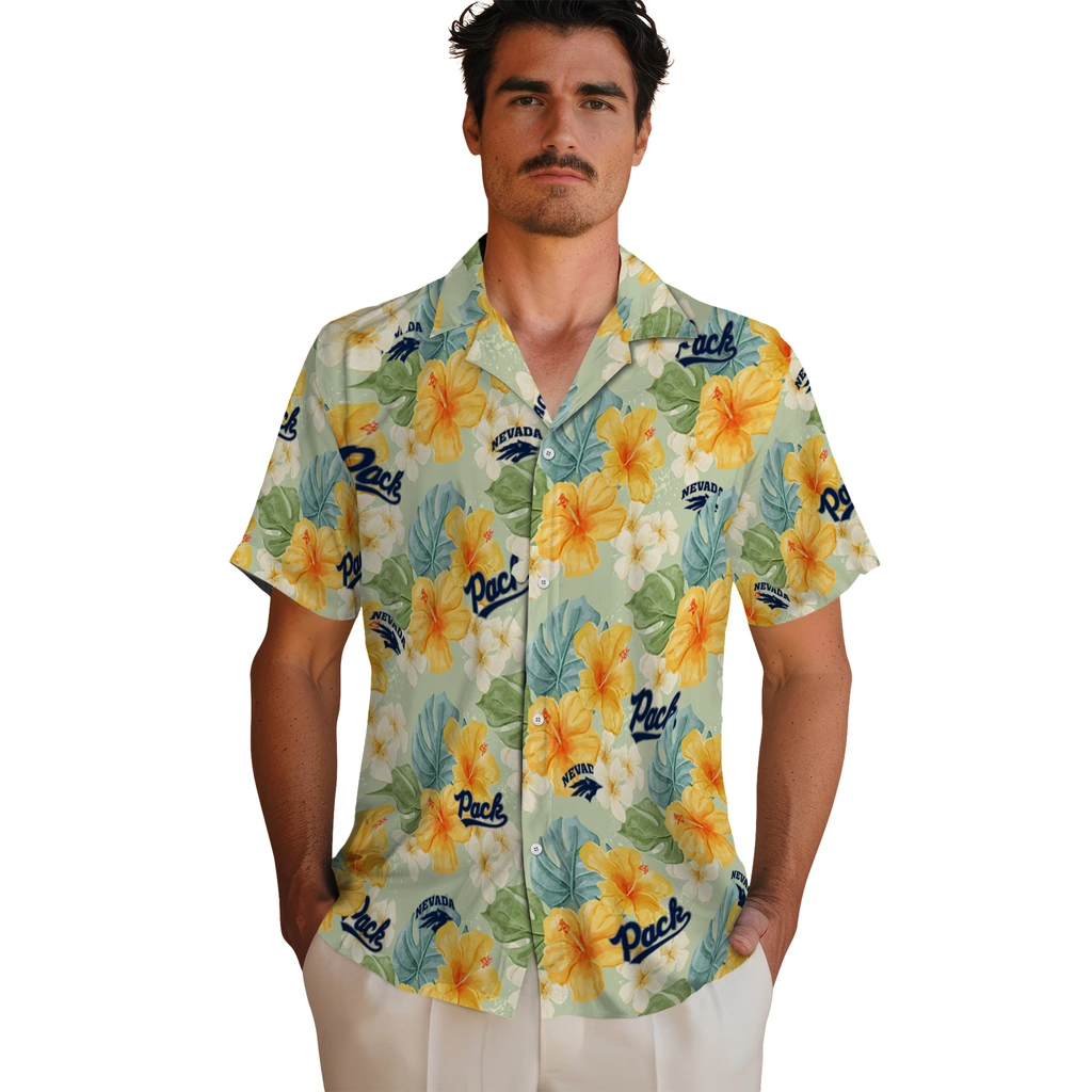 Nevada Wolf Pack Hawaiian Shirt - Hibiscus Mood nevada wolf pack hibiscus mood pale lime yellow hawaiian shirts fashion forward