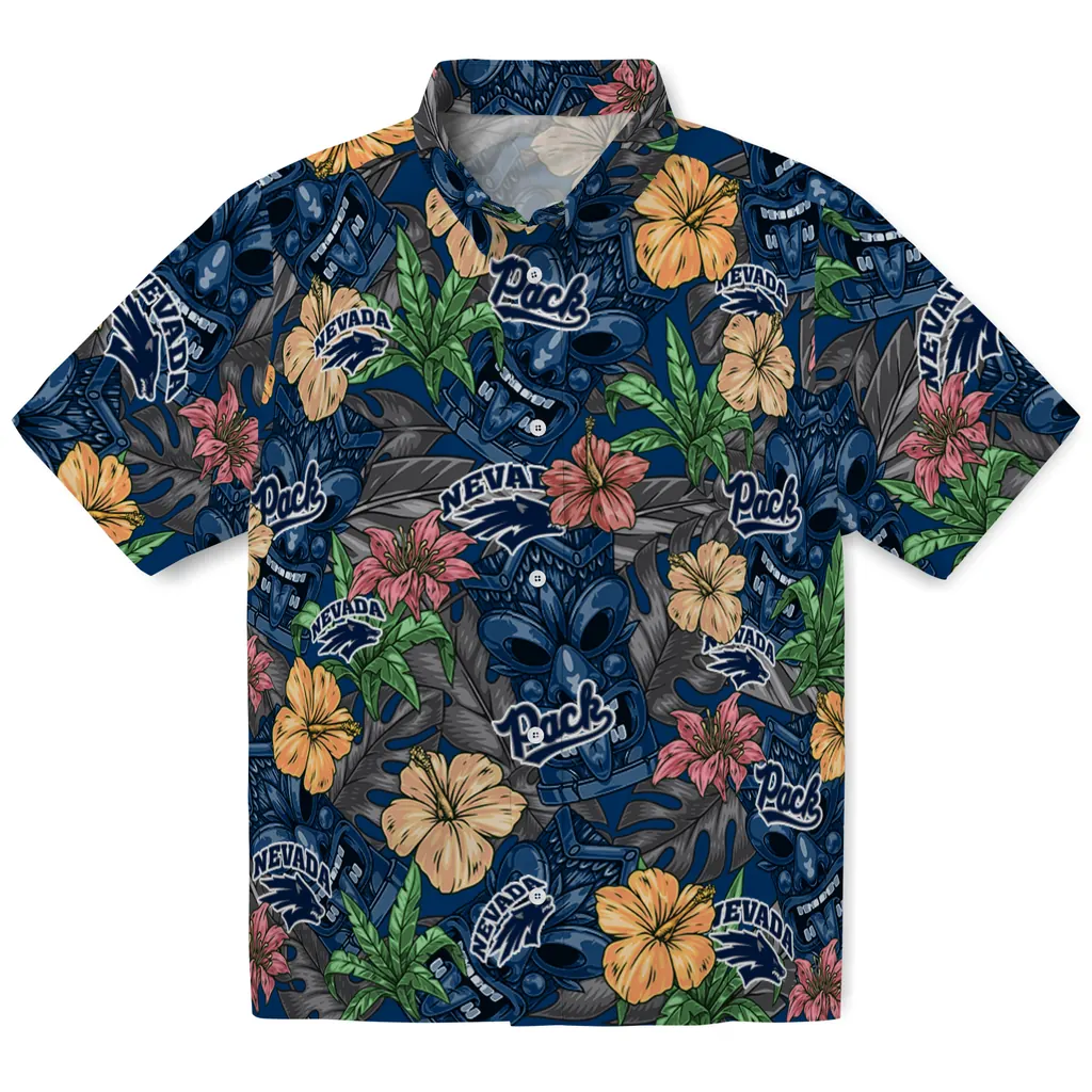 Nevada Wolf Pack Hawaiian Shirt - Hibiscus Tiki Jungle nevada wolf pack tiki jungle blue hawaiian shirts best selling