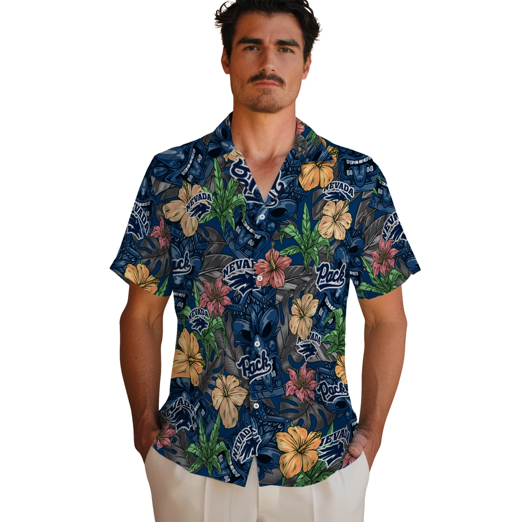 Nevada Wolf Pack Hawaiian Shirt - Hibiscus Tiki Jungle nevada wolf pack tiki jungle blue hawaiian shirts fashion forward