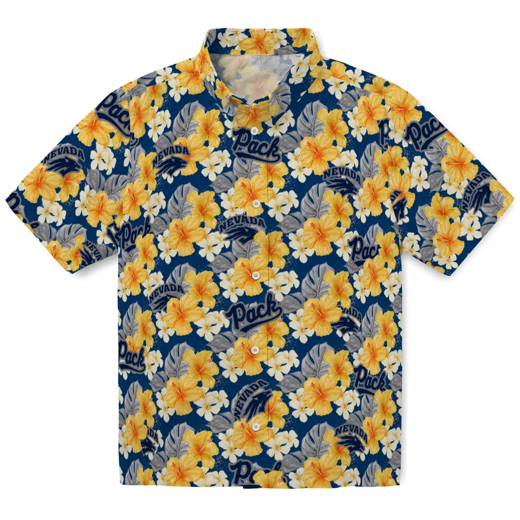 Nevada Wolf Pack Hawaiian Shirt - Hibiscus Tropics nevada wolf pack hibiscus tropics blue yellow hawaiian shirts best selling