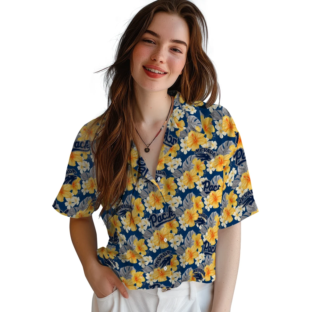 Nevada Wolf Pack Hawaiian Shirt - Hibiscus Tropics nevada wolf pack hibiscus tropics blue yellow hawaiian shirts latest model