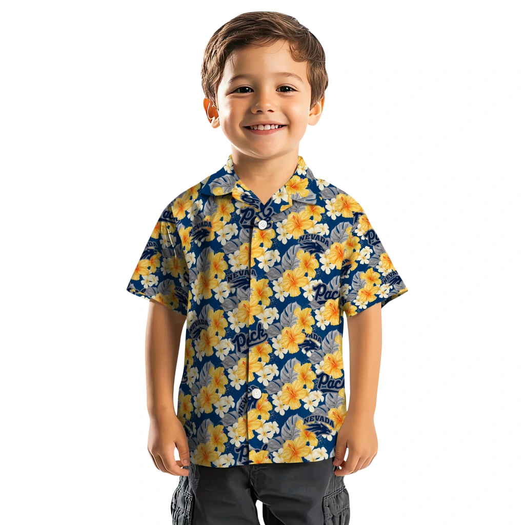 Nevada Wolf Pack Hawaiian Shirt - Hibiscus Tropics nevada wolf pack hibiscus tropics blue yellow hawaiian shirts top rated