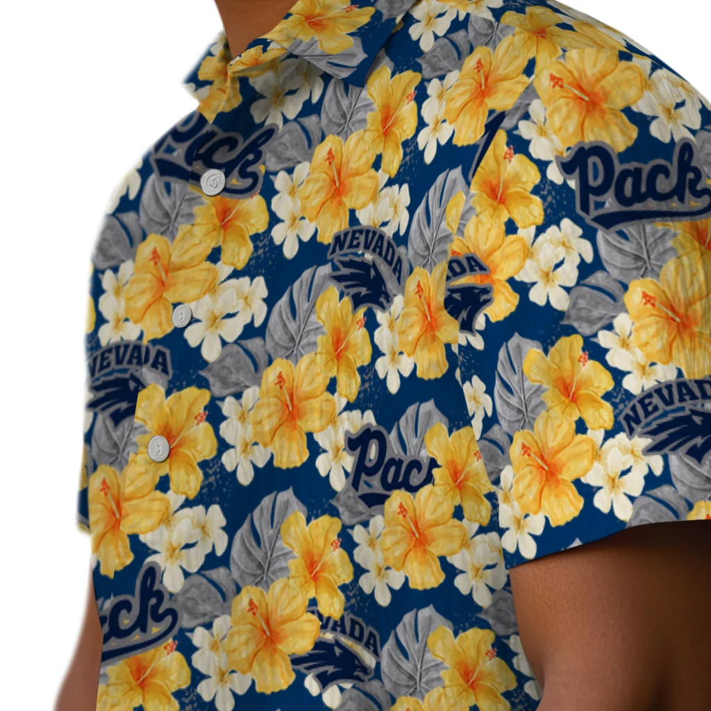 Nevada Wolf Pack Hawaiian Shirt - Hibiscus Tropics nevada wolf pack hibiscus tropics blue yellow hawaiian shirts trendy