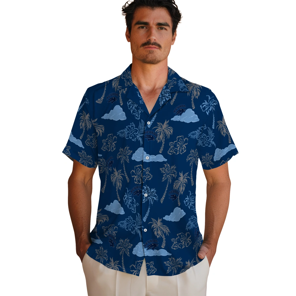 Nevada Wolf Pack Hawaiian Shirt - Palm And Clouds nevada wolf pack palm and clouds blue hawaiian shirts fashion forward