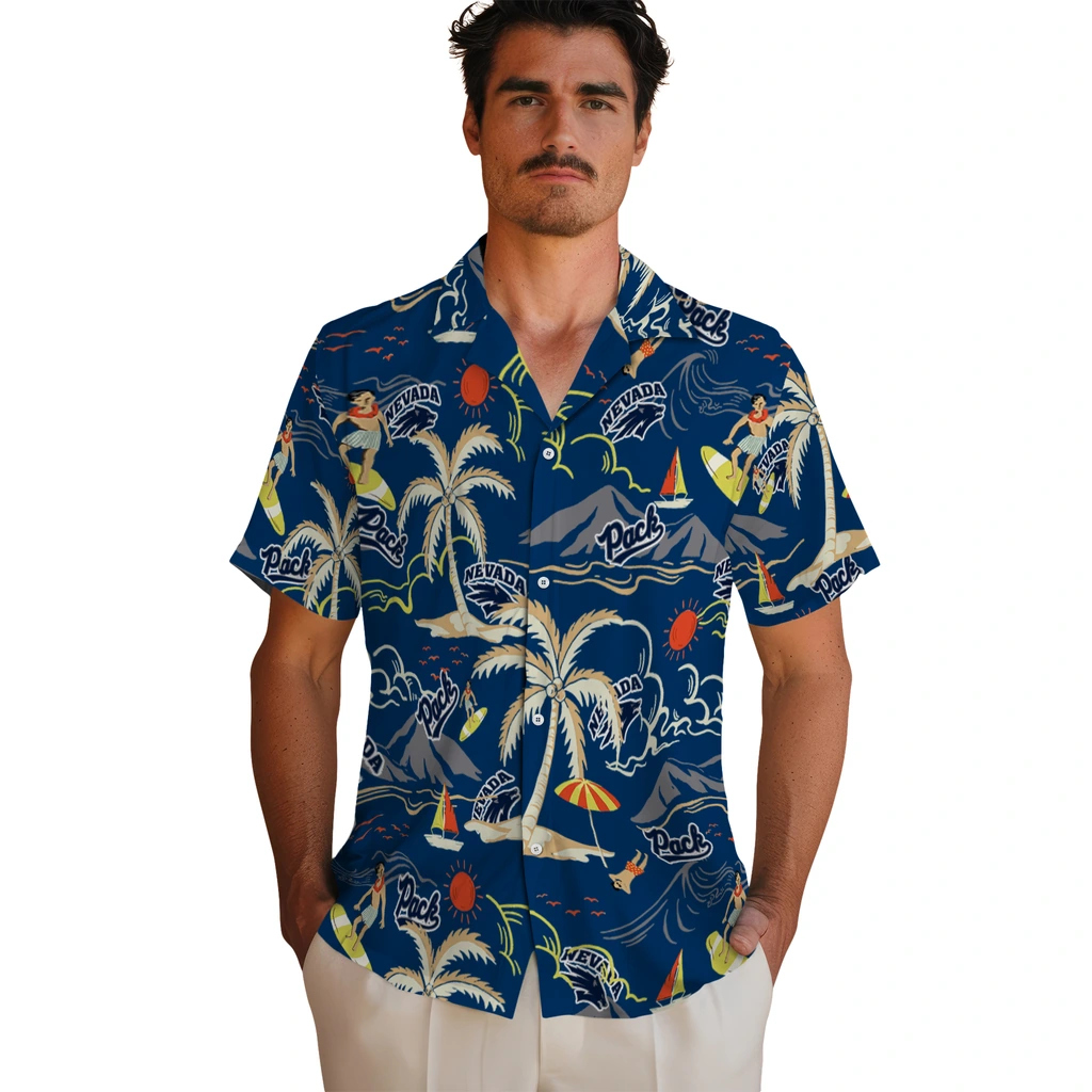 Nevada Wolf Pack Hawaiian Shirt - Palm Tree Island nevada wolf pack palm tree island blue hawaiian shirts fashion forward