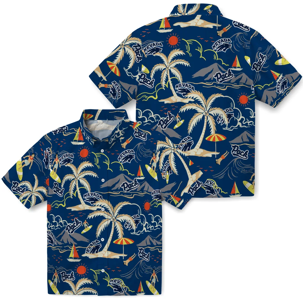 Nevada Wolf Pack Hawaiian Shirt - Palm Tree Island nevada wolf pack palm tree island blue hawaiian shirts high quality