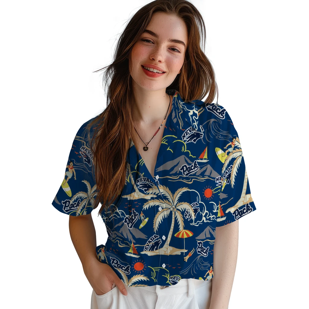 Nevada Wolf Pack Hawaiian Shirt - Palm Tree Island nevada wolf pack palm tree island blue hawaiian shirts latest model
