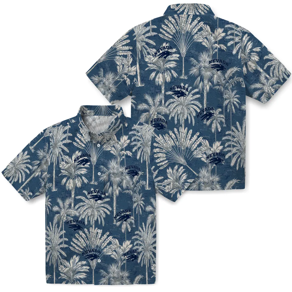 Nevada Wolf Pack Hawaiian Shirt - Vintage Palm Tree nevada wolf pack palm shadows blue hawaiian shirts high quality