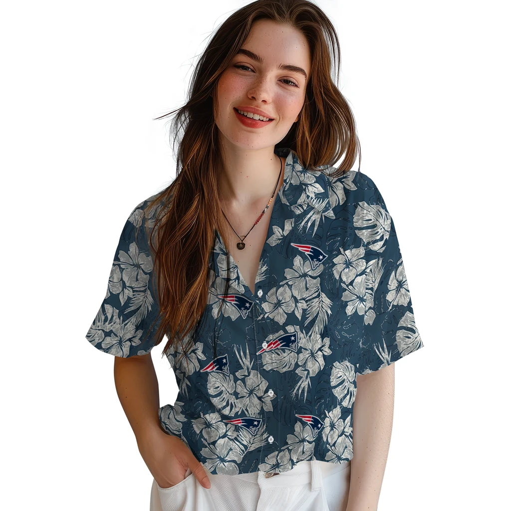 New England Patriots Hawaiian Shirt - Hibiscus Flowers new england patriots hibiscus flowers navy blue hawaiian shirts latest model