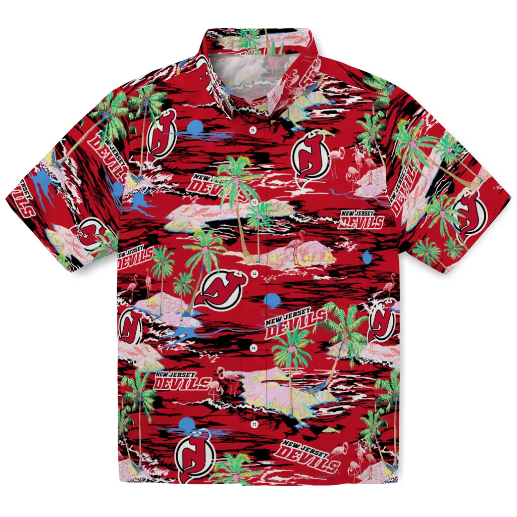 New Jersey Devils Hawaiian Shirt - Hawaii Island new jersey devils flamingo retreat red hawaiian shirts best selling
