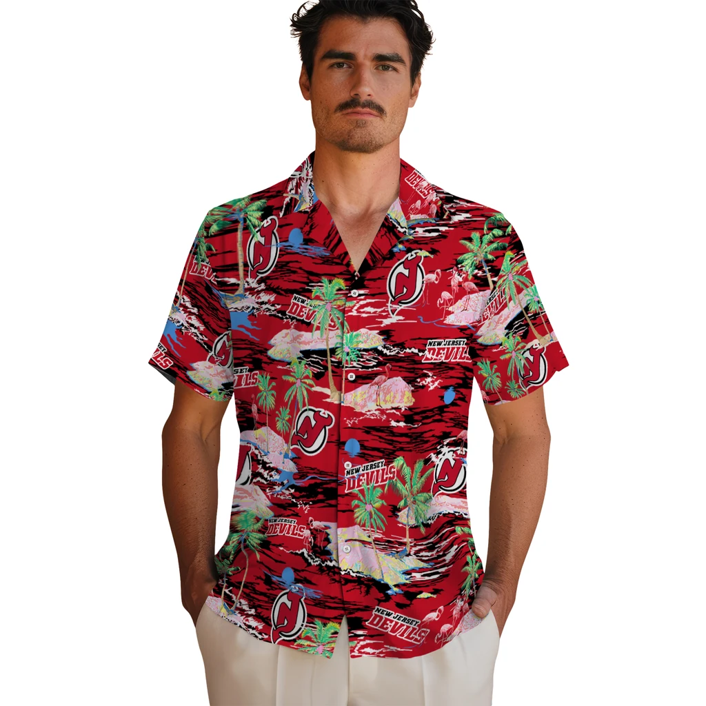 New Jersey Devils Hawaiian Shirt - Hawaii Island new jersey devils flamingo retreat red hawaiian shirts fashion forward