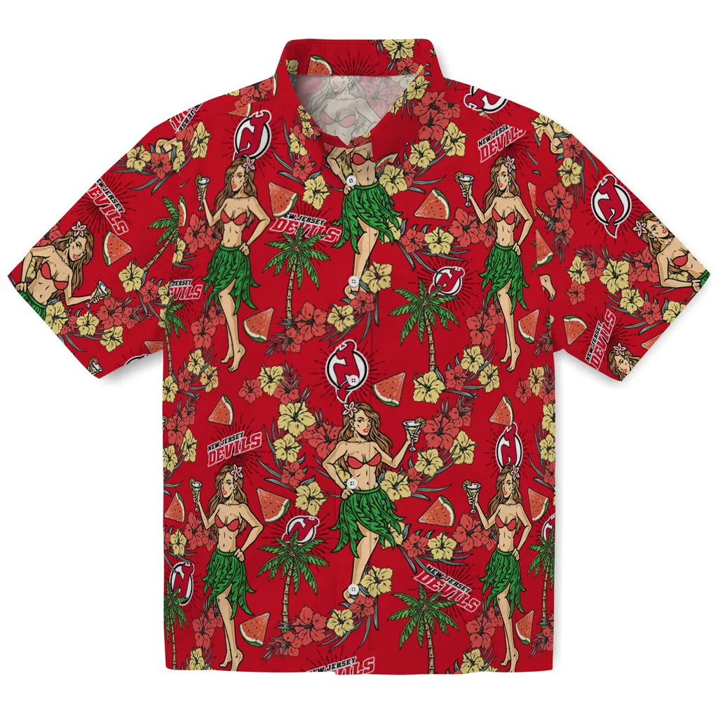 New Jersey Devils Hawaiian Shirt - Hawaiian Girls Design new jersey devils hawaiian girls design red hawaiian shirts best selling