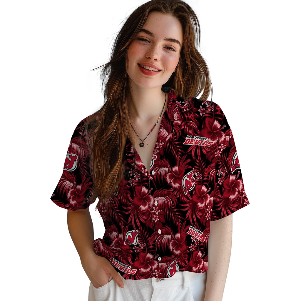 New Jersey Devils Hawaiian Shirt - Hibiscus Exotic new jersey devils hibiscus exotic red hawaiian shirts latest model