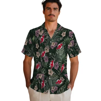 new jersey devils hibiscus leaves pattern green hawaiian shirts fashion forward